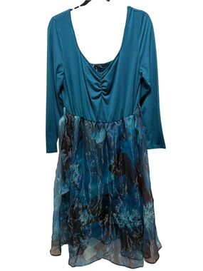 Teal Long-Sleeve Mixed-Print Chiffon Hem Dress